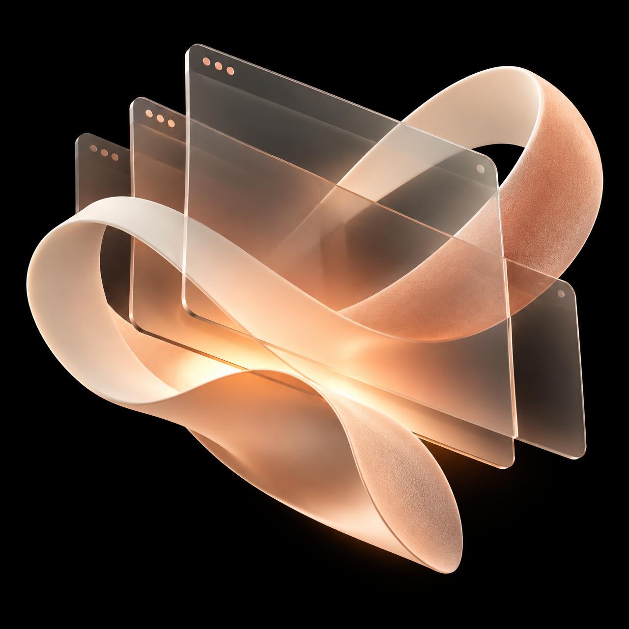 Layered glass website panels wrapped in a peach ribbon